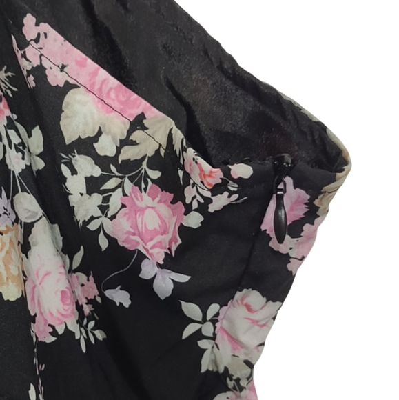 Black and Pink Floral Dress All Over Floral Print Ruched Dress Gothic Whimsigoth - Picture 8 of 11
